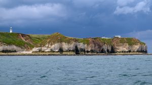 A view from the sea of cliffs projecting into the frame from the left. A lighthouse visible on the left with other buildings to the right where people are just about discernible. The sea is visible to the horizon at the extreme right of the frame. A dark angry sky occupies the top third with birds in flight.