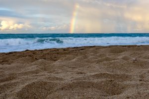 A rainbow above a sandy beach on a partially cloudy day. The waves on the water are very strong