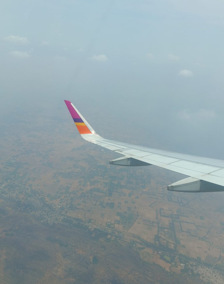 Thai Smile Airways colors on an airplane’s wings flying in the sky. The land and the sky are visible in the background.