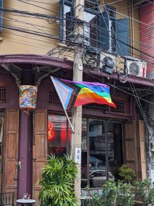 View larger photo:  Progress Pride Flag on an electric pole. 