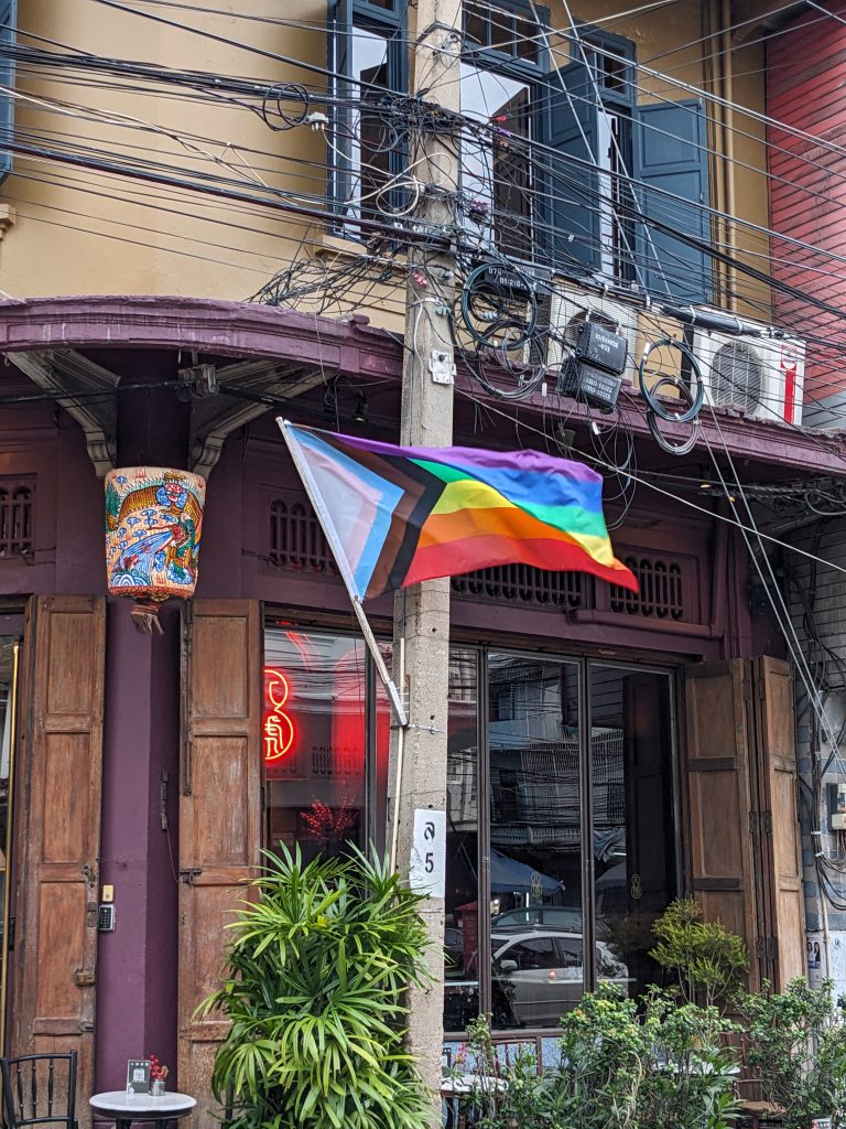 Progress Pride Flag on an electric pole.