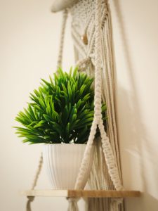 View larger photo: A dreamy, soft photograph of a small artificial green plant in a white pot on a macrame hanging shelf.