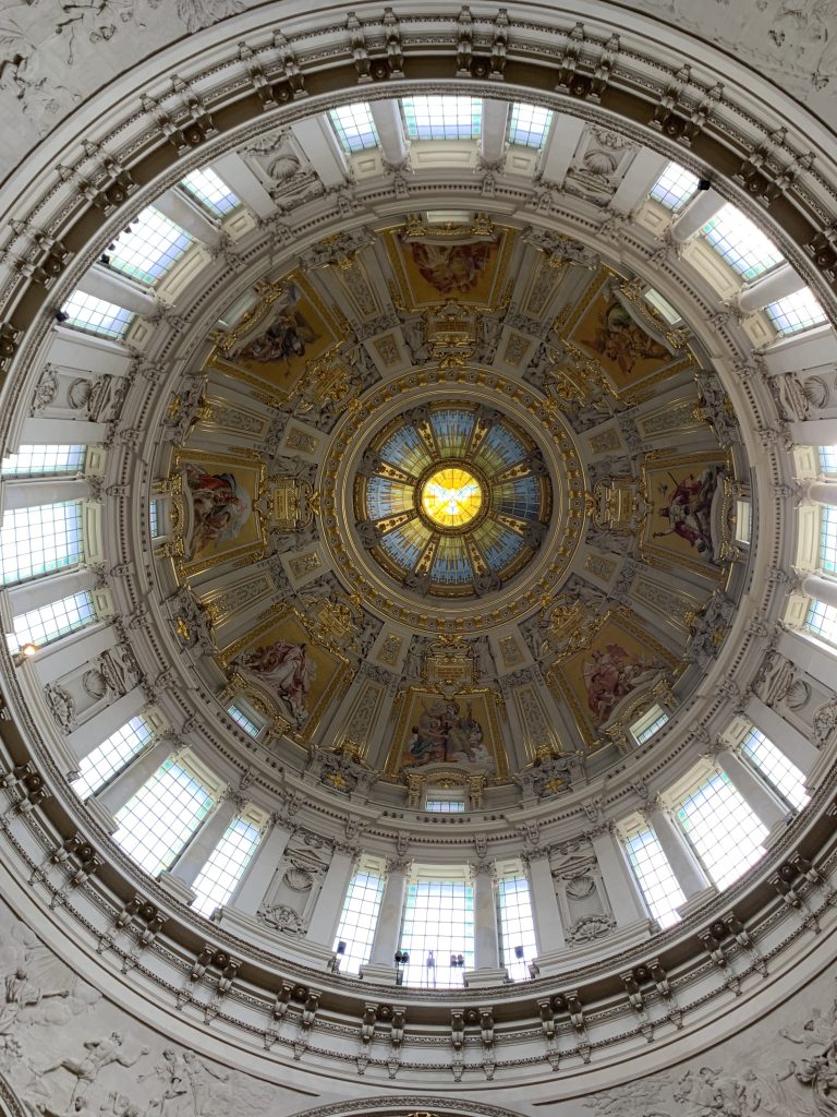 The inside of the main dome in the Berlin Cathedral from below.