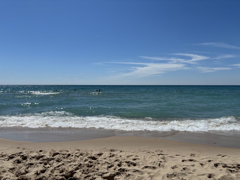 Waves on a sandy beach on the shore of Lake Michigan. People play in the surf in the distance.