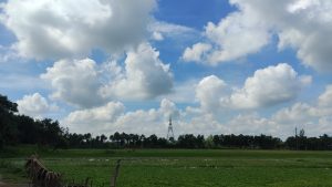  A green field with patches of water, a power supply tower in the background, and a partly cloudy sky with large white clouds.
