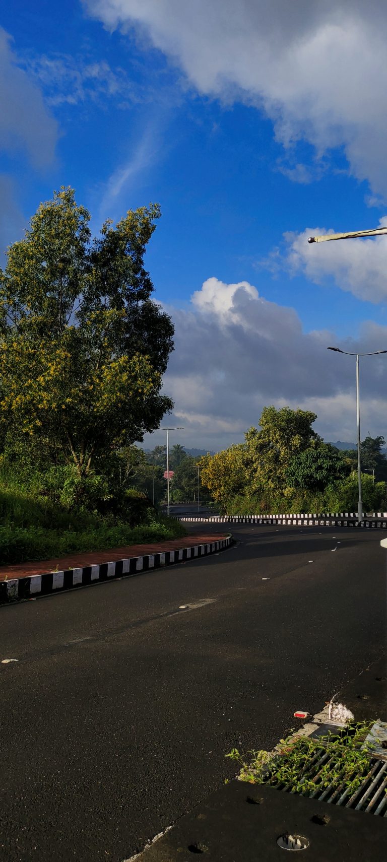 Curving roadway with black and white checkered borders with trees on the side under a sky partly blue and partly clouds.