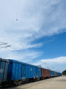 View larger photo: Train cars on a train track. Blue sky overhead with wispy clouds and a bird flying.