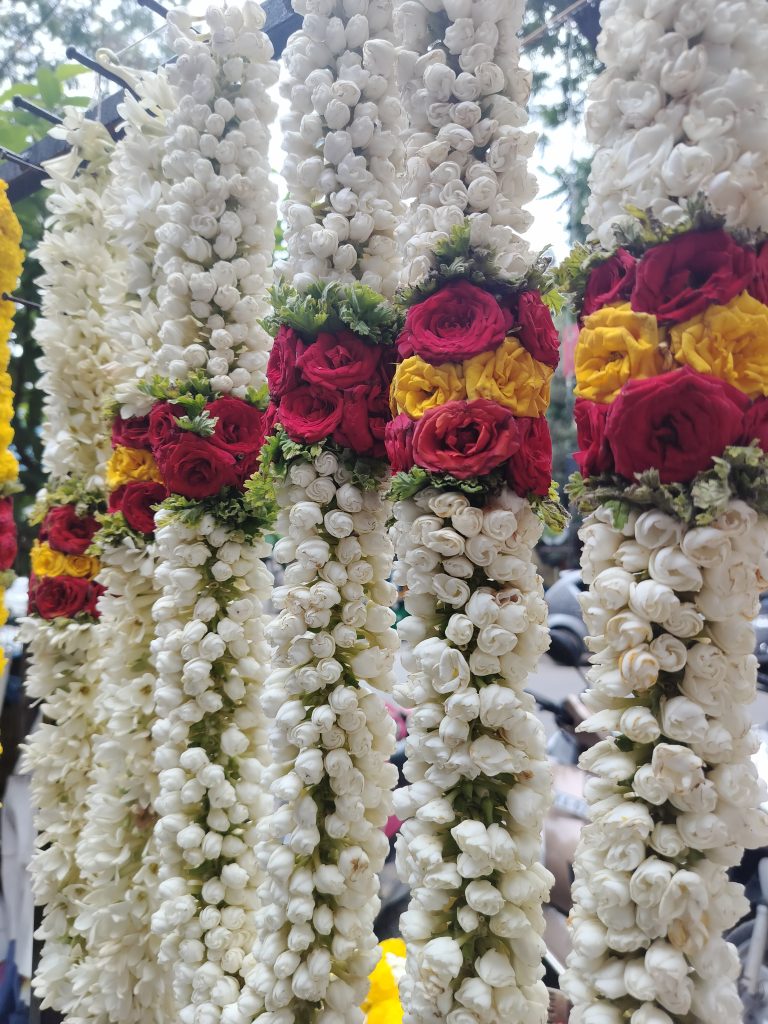 Garlands in Indian flower market.