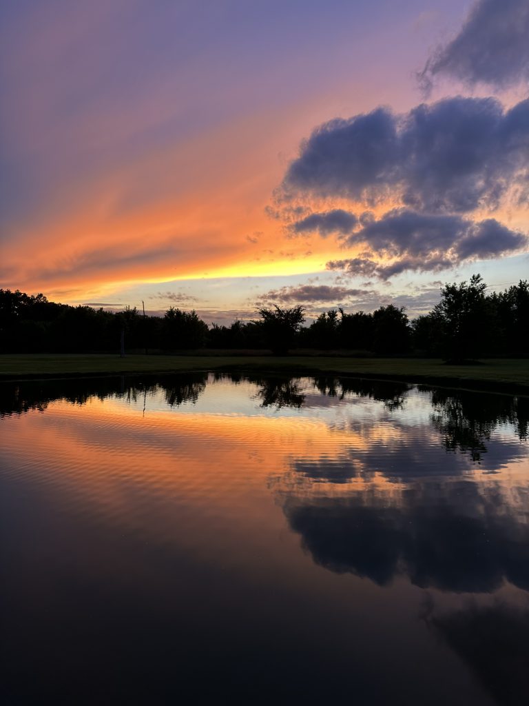 Vibrant sunset mirrored over a pond in New Douglas, Illinois