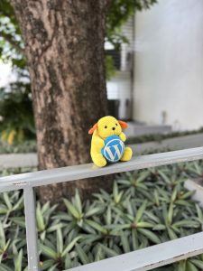 View larger photo: A Wapuu stuffed animal on a railing in front of a tree.