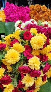 View larger photo: Vibrant blossoms arranged beautifully, ready for temple offerings or festive celebrations.