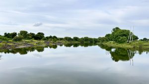 River is flowing with full of water, surrounded by natural greenery along the banks. 