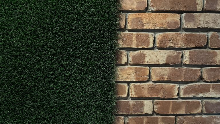 A textured brick wall stands tall beside a vibrant patch of green grass, creating a striking contrast in the scene.