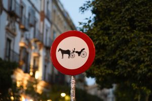 A round traffic sign with a red border showing a symbol of a horse-drawn carriage, indicating a restriction or caution related to carriages. 