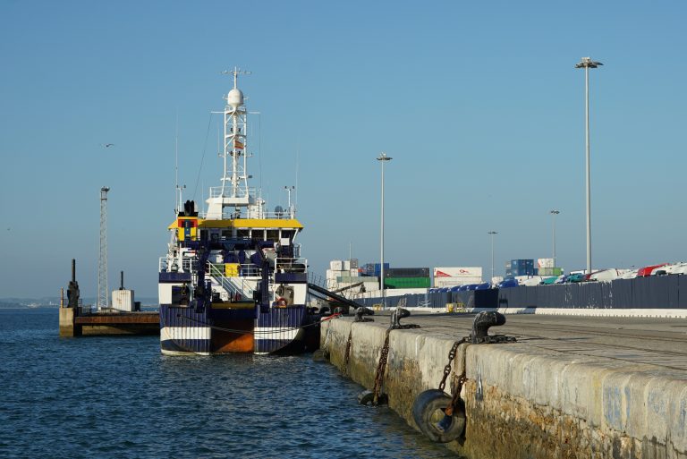 A large ship docked at a harbor with shipping containers and vehicles in the background. The ship has a white and blue hull with a yellow top. The dock features chains and old tires used as buffers along the edge.