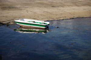 View larger photo: A small white and green boat is tethered and floating in shallow, clear water near a sandy shore.