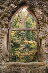 View larger photo: A close-up of a gothic-style arched window in a stone ruin, with the surrounding frame weathered by time. Sunlight beams through the top of the window, illuminating the lush forest beyond, where trees are beginning to show autumn colours.