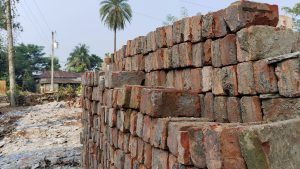 View larger photo: A colorful stack of red bricks next to a date tree, highlighting the contrast between the earthy and the architectural.