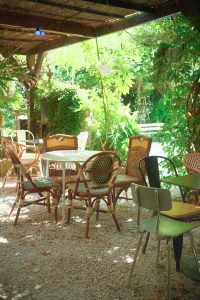 An outdoor seating area with a mix of wicker and metal chairs surrounding small tables, set on a gravel floor. The space is shaded by a wooden pergola covered in greenery, with sunlight filtering through, creating a relaxed and natural atmosphere.