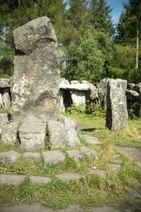 Large standing stones arranged in a prehistoric structure, surrounded by grassy terrain. The stones are weathered and covered with patches of lichen, with a backdrop of dense trees under a clear blue sky.