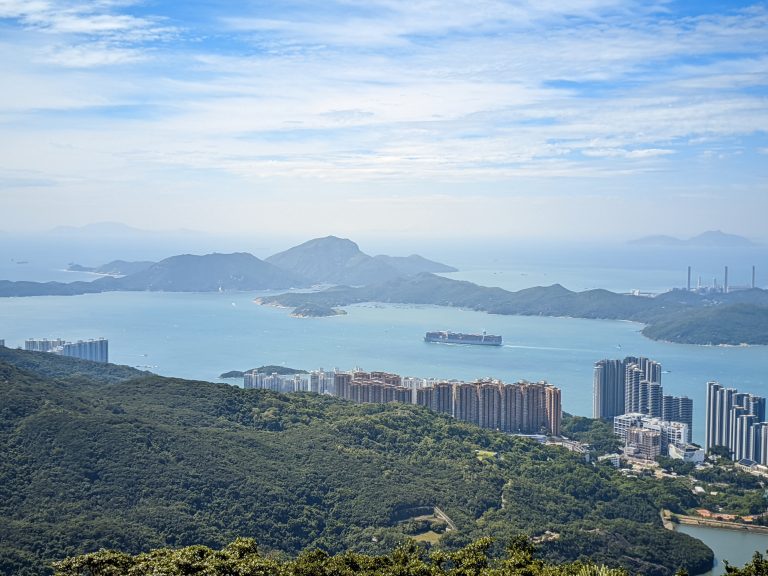 View from above the Victoria Peak where you can see the mountains, bay, and a ship.