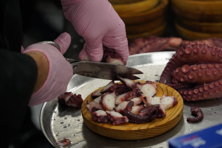 Hands in pink gloves of a cook preparing pulpo a feira, cutting octopus with scissors