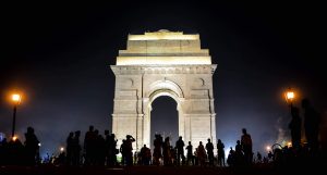 Night view of Gateway of India arch in New Delhi 