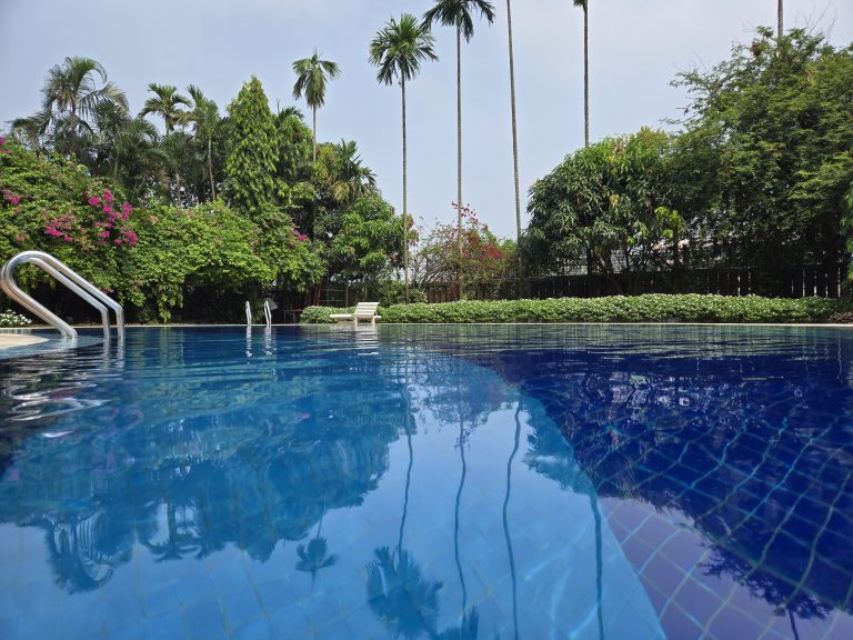 A tranquil swimming pool surrounded by lush greenery and tall palm trees. Bright pink flowers add a pop of color to the verdant landscape. A metal pool ladder is visible in the foreground, and a white deck chair is in the background near the pool’s edge.