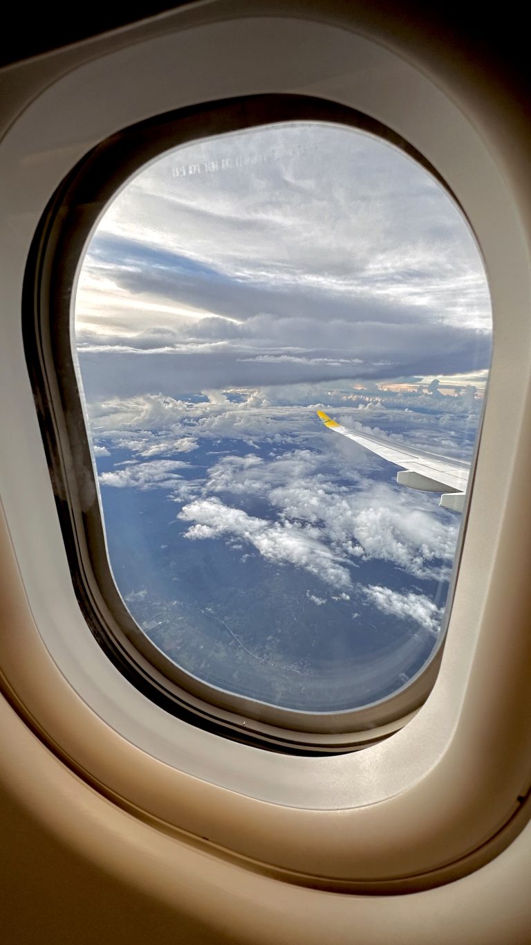 A plane window view, showcasing the wing and the clouds and green land below.