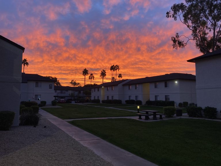 Sunset over an apartment building