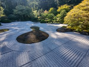 A serene Japanese Zen garden featuring meticulously raked gravel in intricate patterns, surrounding areas of moss and small shrubs, with lush green trees and foliage in the background. Portland, OR - USA