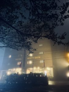 A nighttime view of a hotel named "Hotel Misty Gate." The building is illuminated, with lights shining through windows and around the entrance. The scene is misty, with a large tree branch partially overshadowing the top of the image.