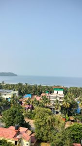 A scenic view of a coastal area with the ocean in the background, a lush row of palm trees, and several colorful buildings in the foreground. The sky is clear and blue, creating a bright and serene atmosphere