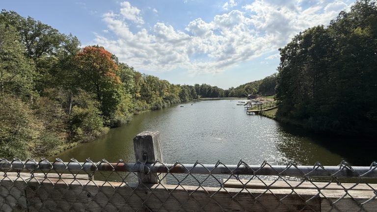 View from a wooden walking bridge with metal supports overlooking a lake with canoes on the water in the distance