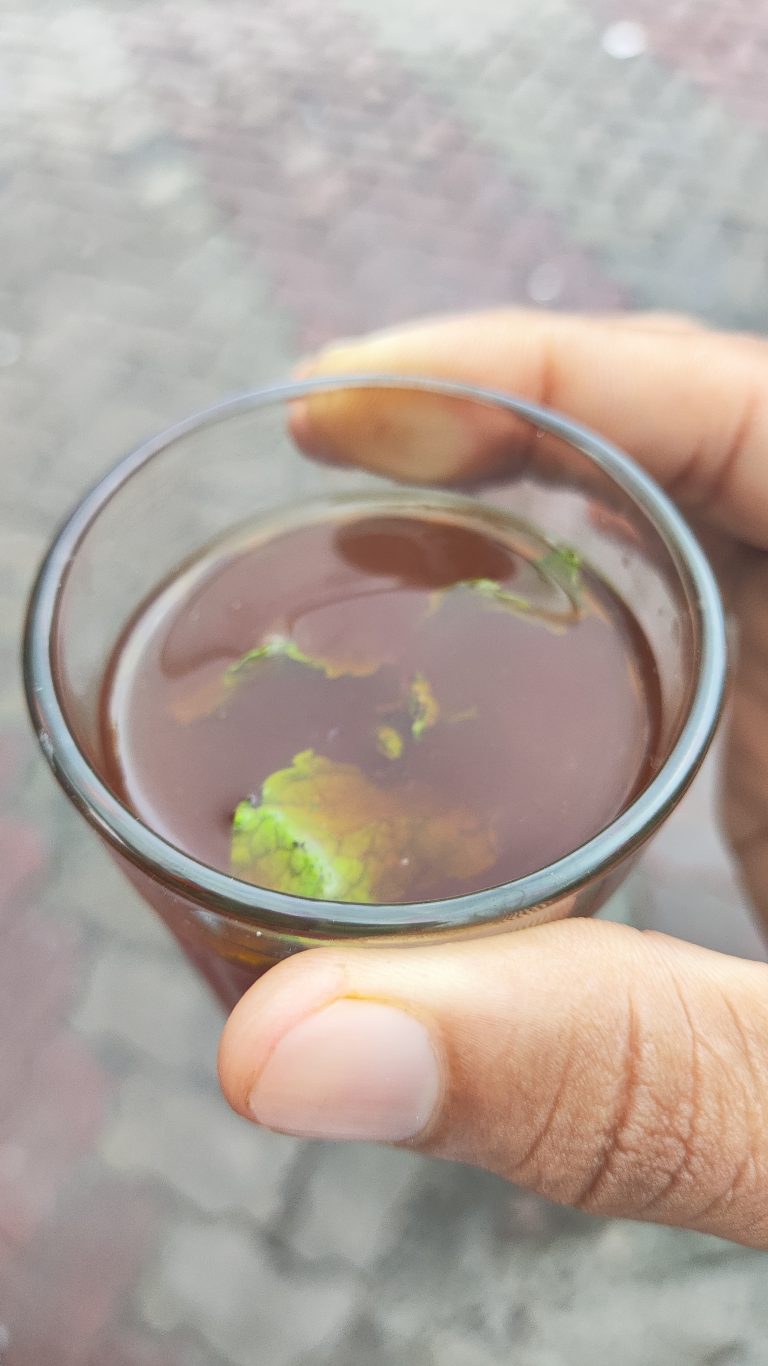 A person holding a glass of green tea with mint leaves inside, with a blurred paved background.