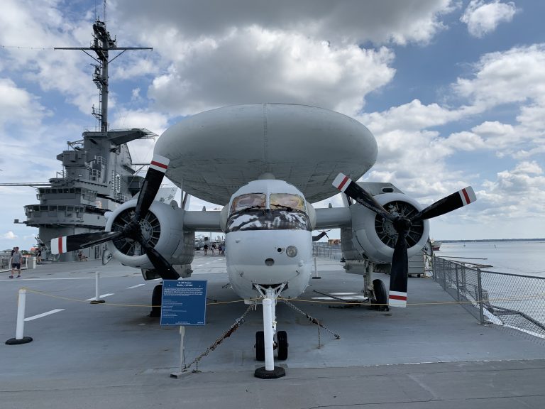 An E-1B Tracer propeller plane parked on board the WWII aircraft carrier USS Yorktown in Charleston, South Carolina.