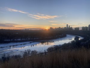 North Saskatchewan River in winter, facing downtown along the north bank. 