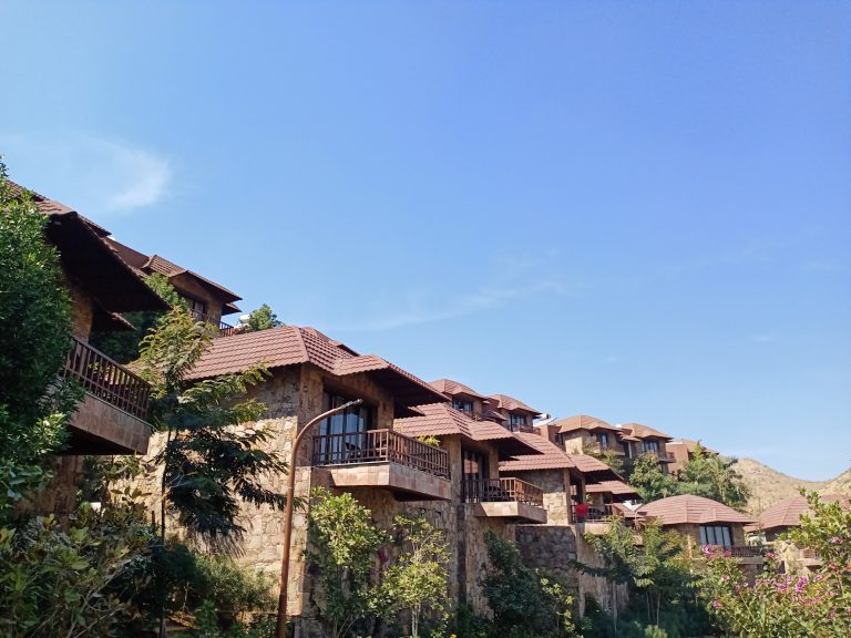 A row of stone houses with brown, tiled roofs line up against a clear blue sky. Rajasthan, India