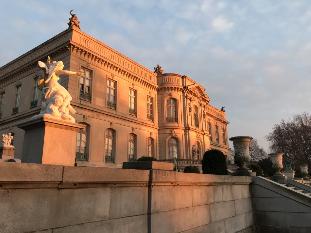 The Elms mansion in Newport, Rhode Island at sunset.