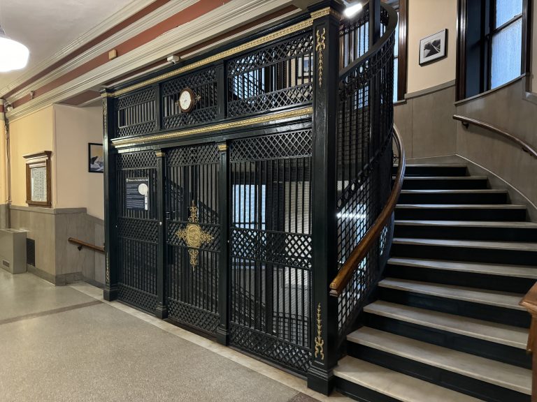 The elevator in New Bedford, Massachusetts City Hall. This elevator is one of the oldest continuously operated elevators in the United States, having been operation since 1906 when it was first installed.