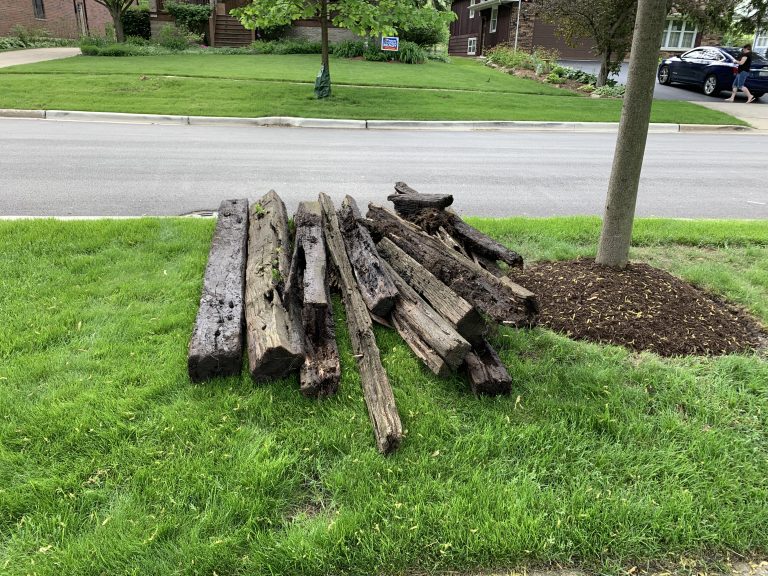 Several decaying railroad ties sit on a patch of grass next to a single tree alongside a cement curb and black asphalt road