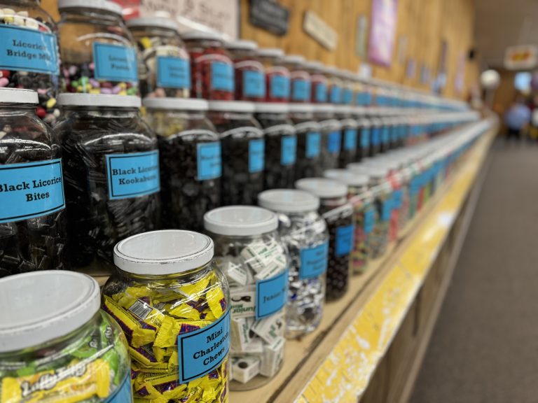 Jars of candy on the world’s longest candy counter at Chutters in Littleton, New Hampshire.