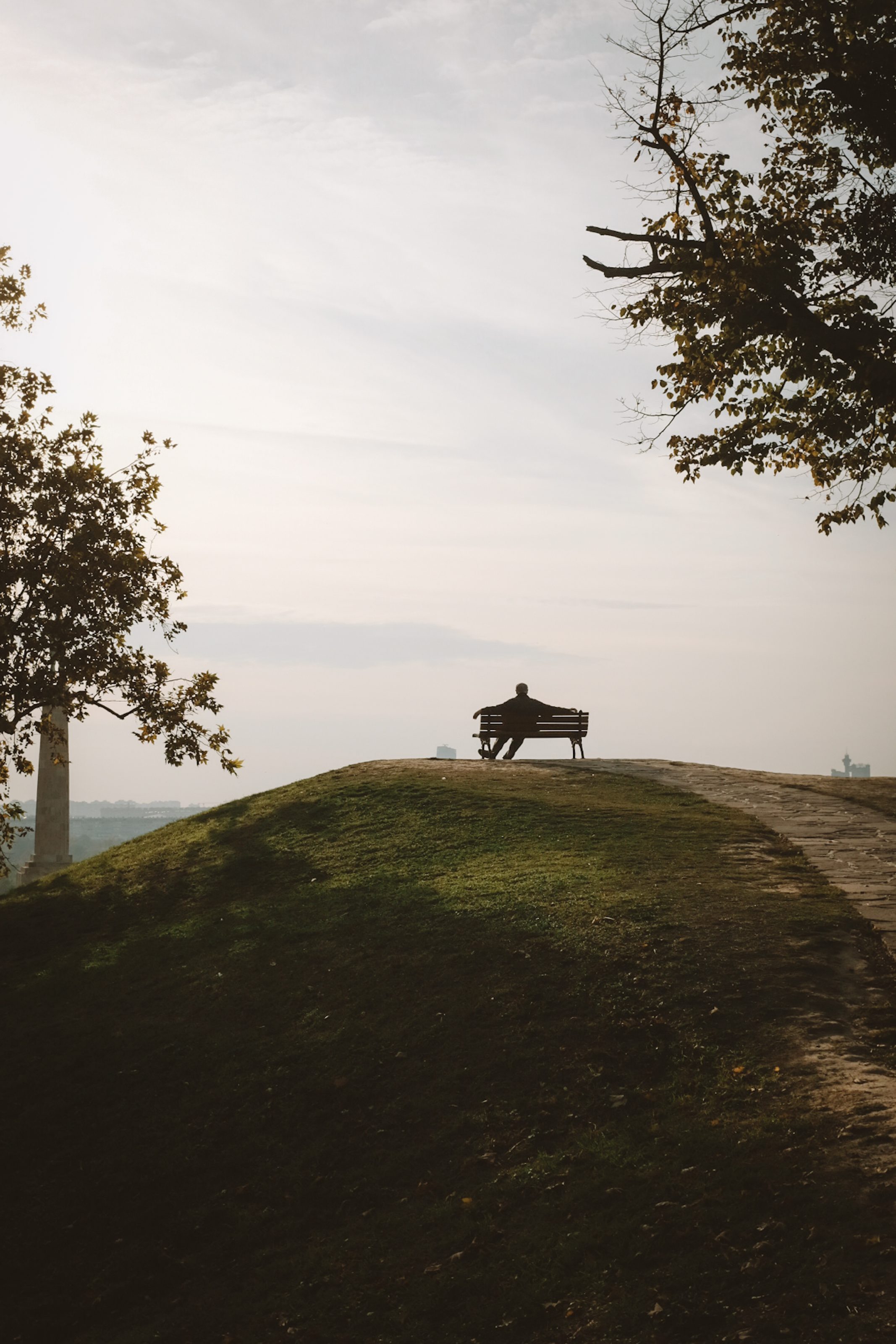 View of a person sitting on a bench in a park up on a hillside overlooking the city below.