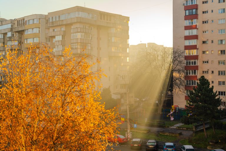 Sunrise effect among buildings in Cluj, Transylvania, Romania.