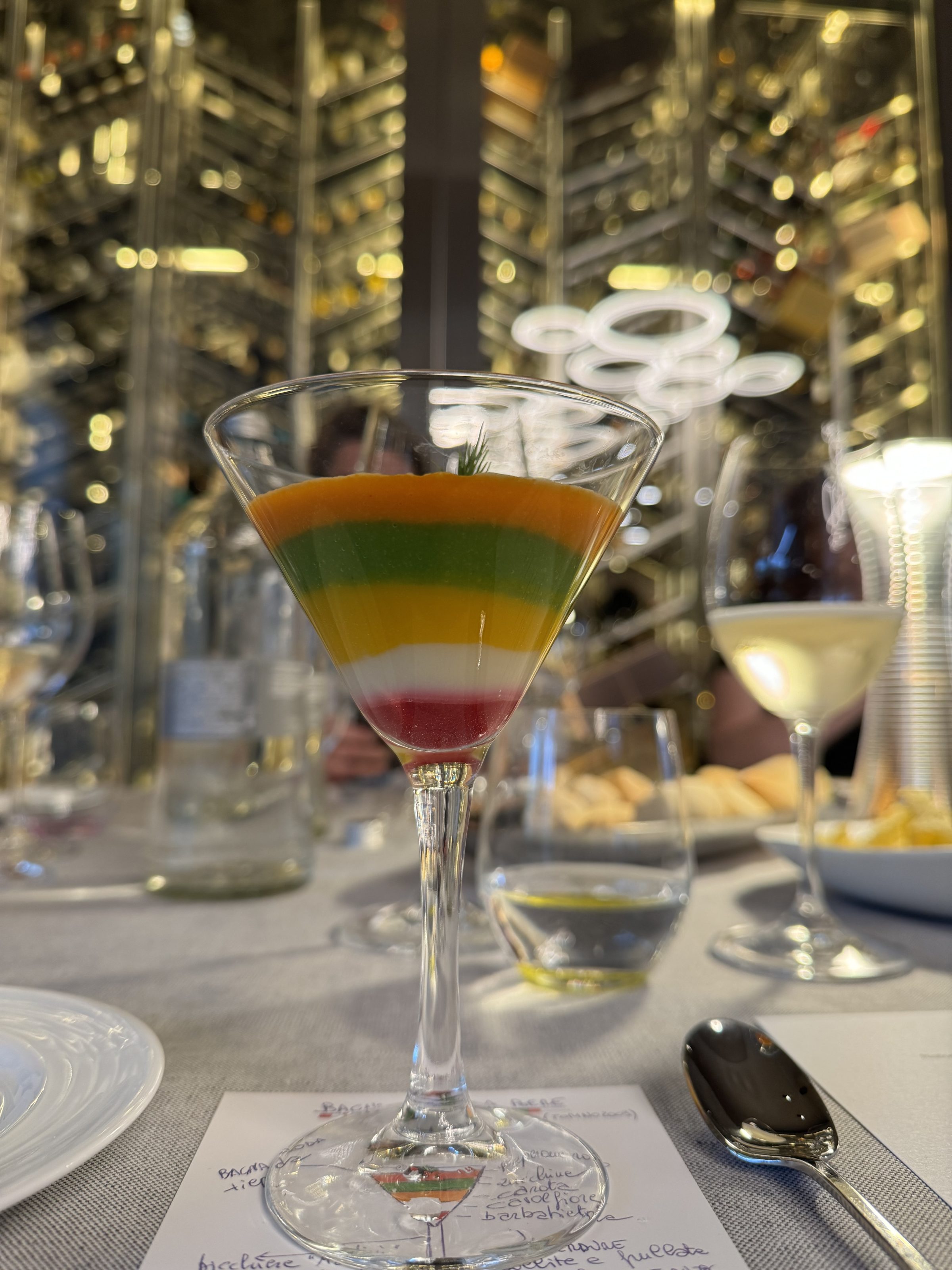 "Bagna caoda to drink" at the Casa Vicina Restaurant in Turin, Italy. This variation of Bagna Caoda was created by Claudio Vicina with inspiration from the Olympic circles for the 2006 Winter Olympic Games and featured 5 distinct layers of different vegetable soups.
