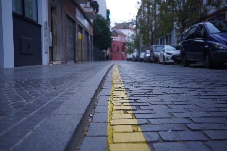 A quiet urban street with cobblestone pavement, marked by a yellow line. The street is lined with parked cars and trees on the right side, and buildings on the left.