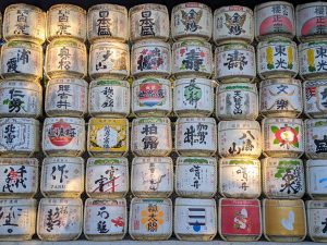 Sake barrels at Meiji Jingu Shrine in Tokyo, Japan