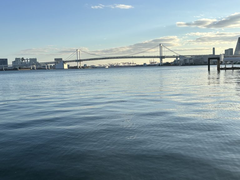 A serene waterfront scene featuring a large suspension bridge in the background, with modern buildings on both sides. The sky is partly cloudy with soft lighting, reflected on the calm water surface in the foreground.