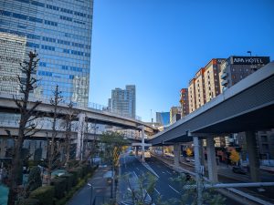 A road in Tokyo, Japan with a fly over and tall buildings