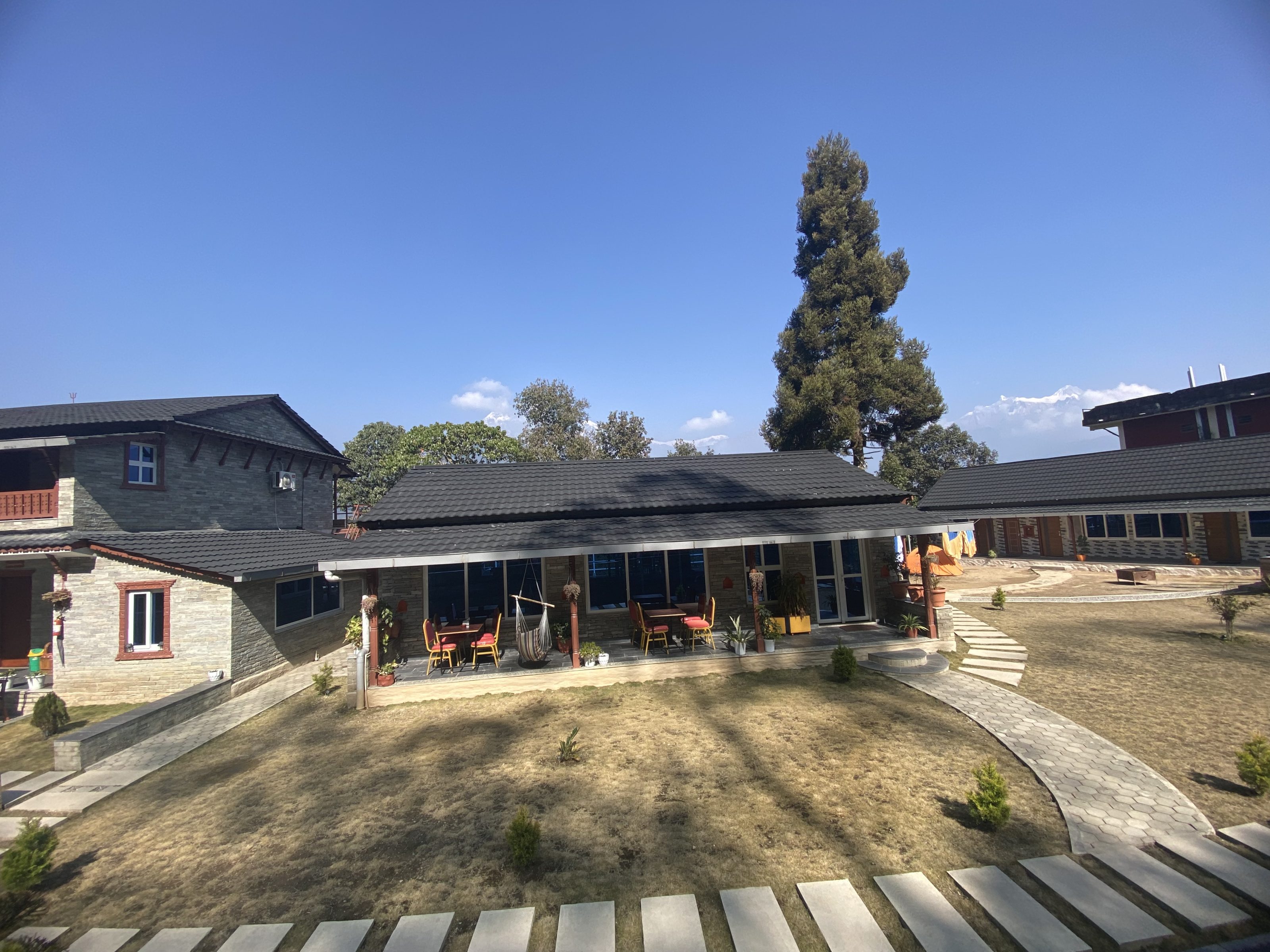 A modern building complex with stone exterior walls and dark roofs, situated in a neatly landscaped garden with neatly laid stone pathways. The central courtyard features outdoor furniture and potted plants. A tall tree stands prominently in the background against a clear blue sky.